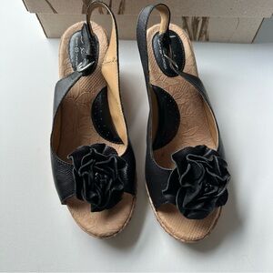 Like New! Floral Black Leather Slingback Wedge Sandals
